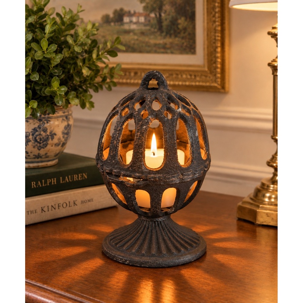 Rare VTG Cast Iron Pierced Globe Candle Holder Lantern Gothic Farmhouse tabletop